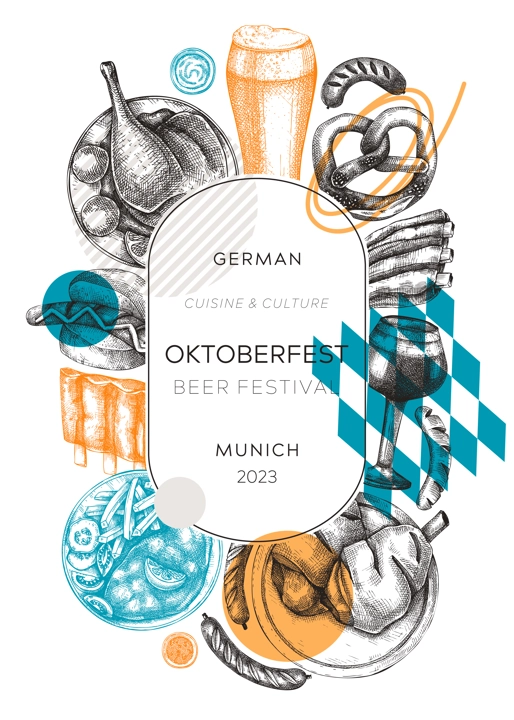 Oktoberfest wreath in collage style. German food and drinks menu design. Meat dishes sketches. German cuisine vintage frame. Traditional beer festival sketched illustration. Oktoberfest party